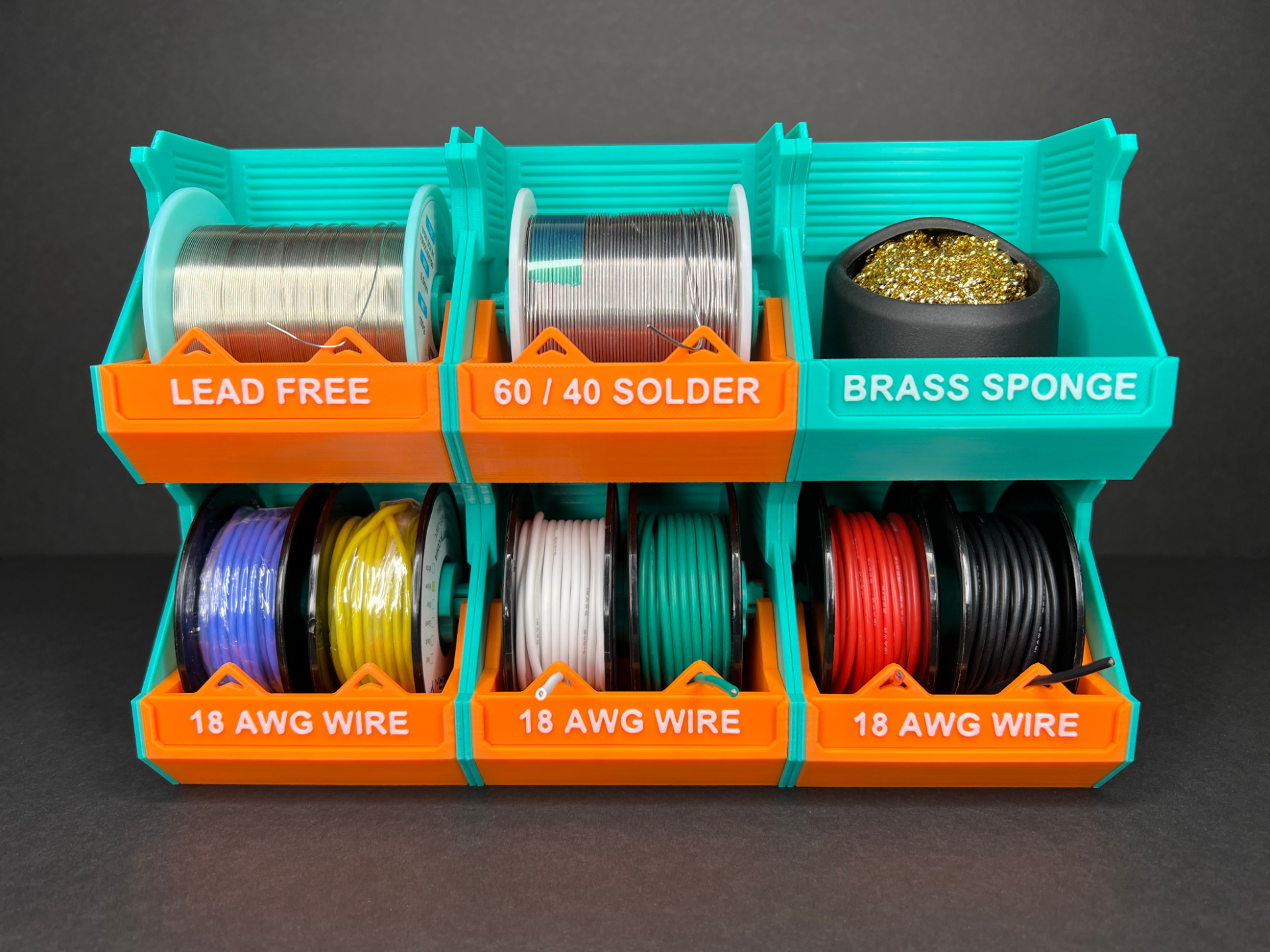 infinity spool holders - stackable storage containers wire solder ribbon by designcraft tools organizers holder desk desktop crate modular workshop tray bin spools store workbench stacking stack wires trays expandable extendable bins ribbons infinite container 3D print model - Mito3D