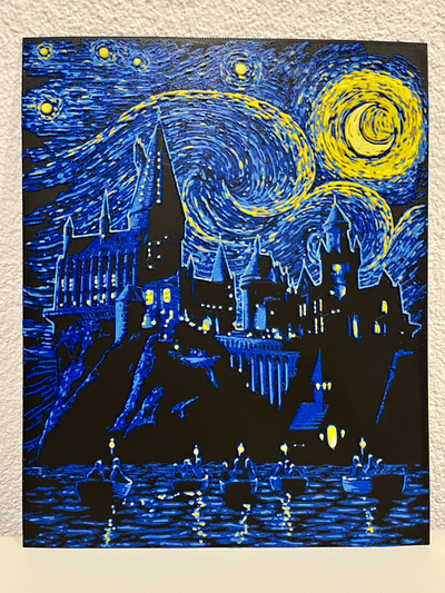 fucina cappelli harry vasaio hogwarts stellato notte 230 x 184 mm remixato by forza generativo 3d modello litofania potter furgone gogh blu giallo buio castello 3d print model - Mito3D