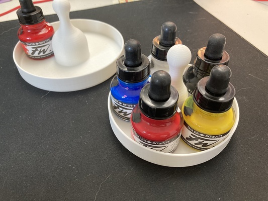 daler rowney fw acrylic ink 5 or 6 bottle cmyk + w paint storage holder tray caddy carousel by gekoprime miniatures fusion360 painting liquitex dalerrowney 3d print model - Mito3D