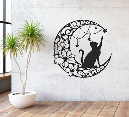 parede arte gato on lua flores estrelas by coberta 2d decoração tatuagem flor 3d print model - Mito3D