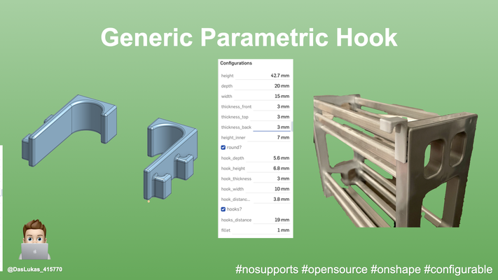 generic parametric hook by daslukas household house models shelf mount opensource configurable onshape 3d print model - Mito3D