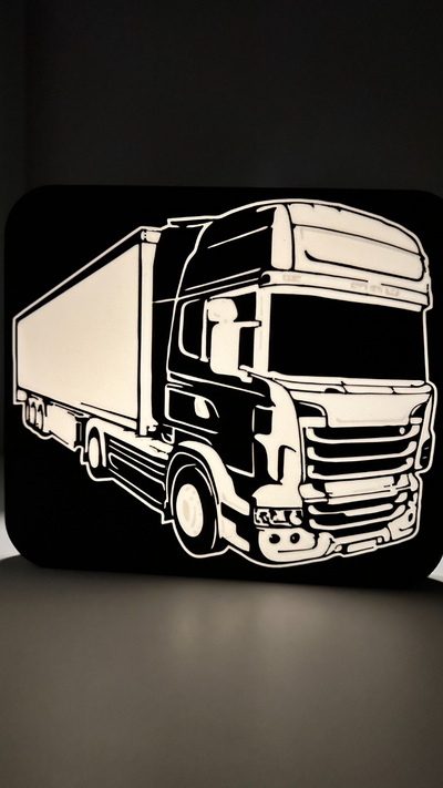 scania camion silhouette guidato lightbox by michal 3dtisk arte segni loghi parete luce ledstrip nero bianca scatola vita camionista lkw 3d print model - Mito3D