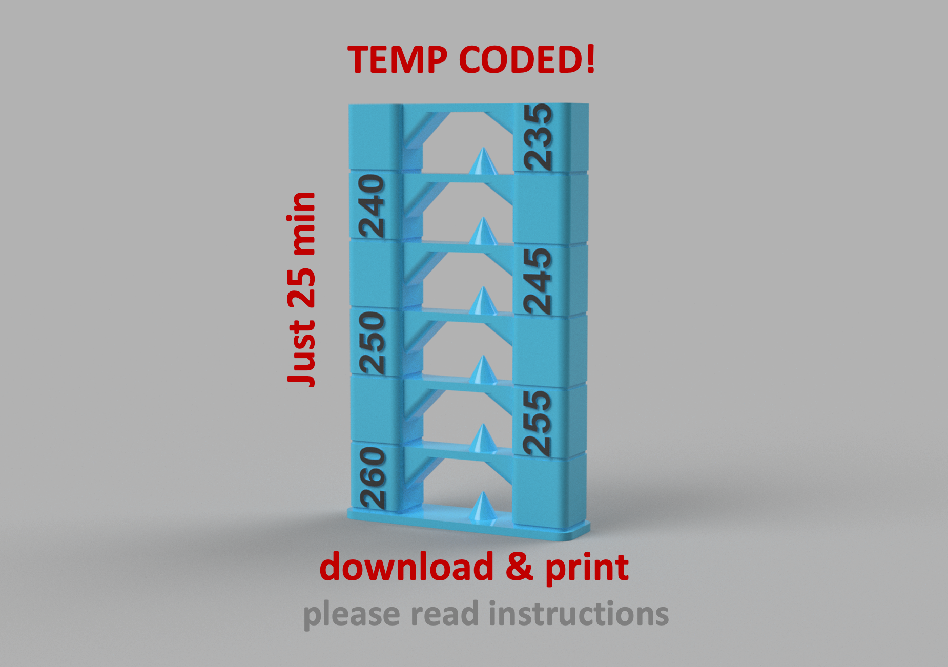 petg temp torre 25 min 235 260 c by mdesign 3d stampante test modelli temptower calibrazione stampa 3D print model - Mito3D