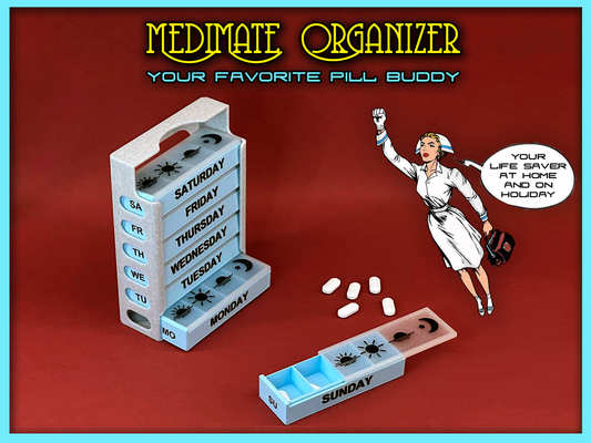 meditieren pille veranstalter by wing art werkzeuge medizinisch tabletten box kapsel spender tablettenbehälter flasche pillendose bunker gesundheit gesundheitswesen gesundheitstracker sicherheit helfer tablett lager woche tagsüber täglich pilbox nützlichkeit wöchentlich reise fall mantel begleiter urlaub ferien reisen 3d print model - Mito3D