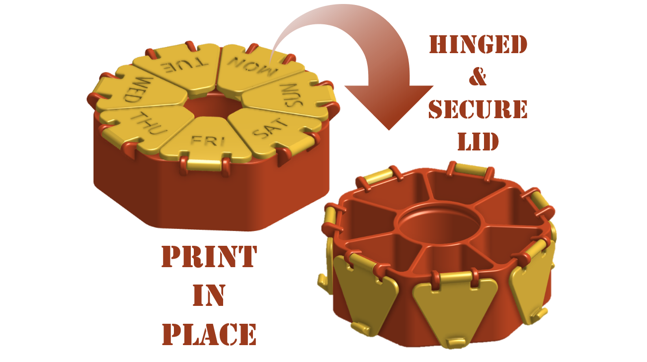 print in place hinged pill box by gallus design tools organizers pillbox pip hinge hingedesign 3D print model - Mito3D