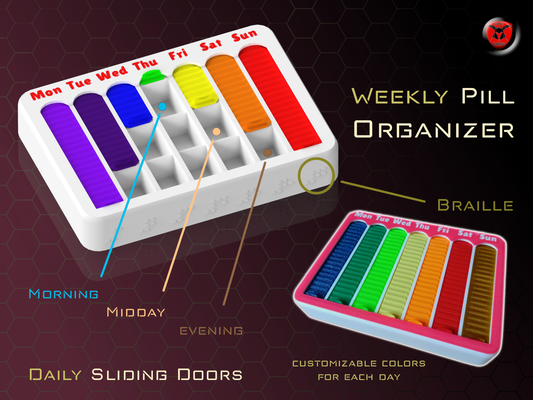 pill organizer weekly planner tablets braille sliding doors accessibility by copyknight tools medical tablet container box planer pillbox fun funny easy assembly assemble easyprint print bambu bambulab x1c p1p p1s ams a1 a1mini amslite lite gift decor decoration 3d print model - Mito3D