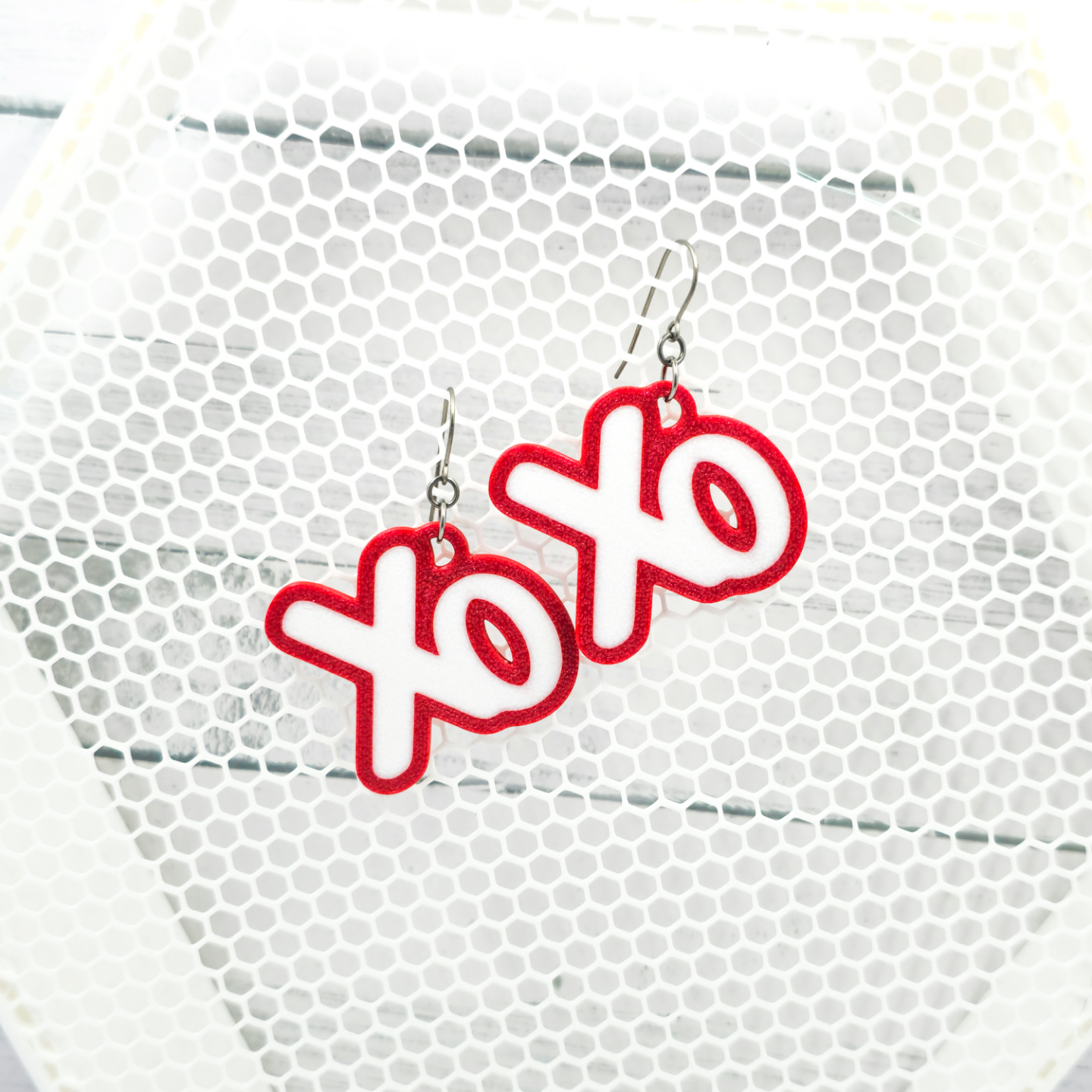 xo valentines day earrings by synneluna fashion xoxo red white jewelry 3D print model - Mito3D