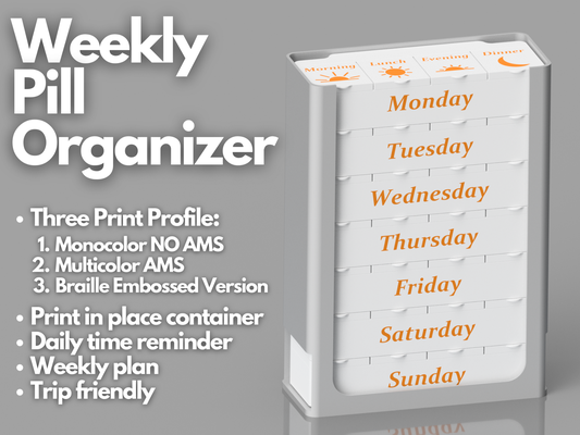 semanal comprimido organizador + braille versão by giaimef ferramentas médico comprimidos caixa suporte recipiente farmacia suprimentos armazenamento viajando cego 3d print model - Mito3D