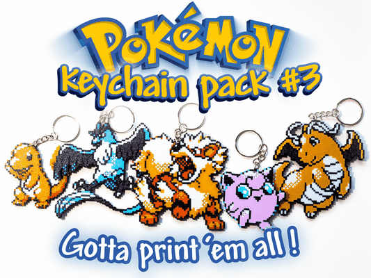 pokemon keychain pack 3 - charmander jigglypuff by powerpillprints toys & games characters pikachu eevee charizard arcanine articuno dragonite go gameboy accessories accessory evolution package pixel art nintendo 64 color gold red blue switch 2d handheld chain video game character japan japanese easy fast print ams lite retro kids cute kawaii palworld keyring 3d print model - Mito3D