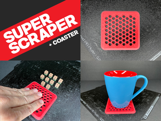 super scraper + coaster by designcraft 3d printer accessories spatula bed hexagon hex build plate 3d print model - Mito3D