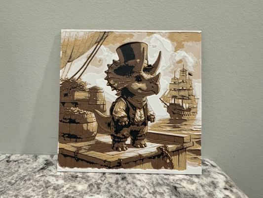 triceratops treasure hunter - hueforge 100x100 by canadian gamer generative 3d model & lithophane dinosaur animal coaster 3d print model - Mito3D