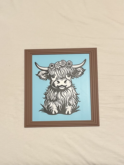 wall art cute highland cow female frame remixed by cleanlineconcepts 2d decor 3d print model - Mito3D