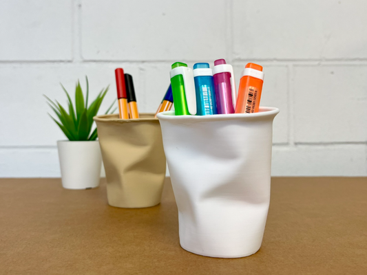 crushed paper cup by hollowmaker household office penholder trash can bowl broken art garbage upcycle disposable gift gag recycling desk workspace gimmick creative pen brushes holder compressed 3d print model - Mito3D