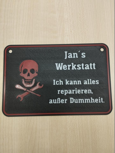 schild jans werkstatt by kunst zeichen logos werkstattzubehoer jan dumm dummheit maler schildersammlung witzig lustig totenkopf werkzeug 3d print model - Mito3D