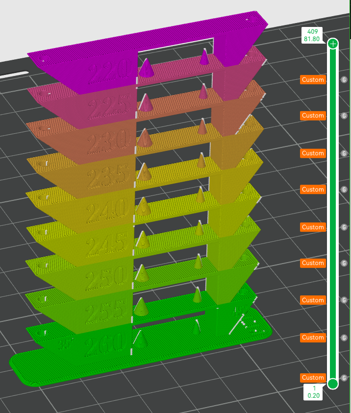 petg temp tower - ultimate bridging stringing overhang test temperature coded by mrcolor 3d printer models calibration filament 3D print model - Mito3D