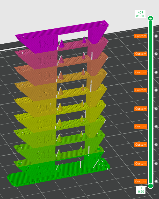 pla temp tower - ultimate bridging stringing overhang test temperature coded by mrcolor 3d printer models calibration calibrationt est filament 3D print model - Mito3D