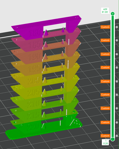 pla temp tower - ultimate bridging stringing overhang test temperature coded by mrcolor 3d printer models calibration calibrationt est filament 3d print model - Mito3D