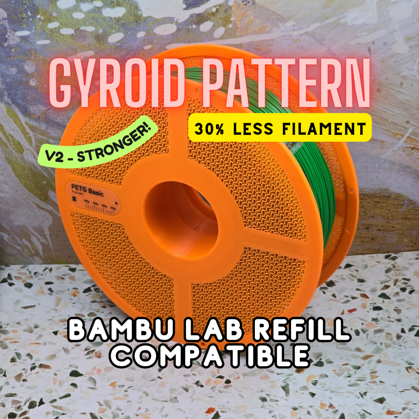 v2 giroide patrón reutilizable carrete fuerte bambu laboratorio rellenar compatible filamento ahorrador remezclado by 3d impresora accesorios soporte recargable adaptador 3D print model - Mito3D