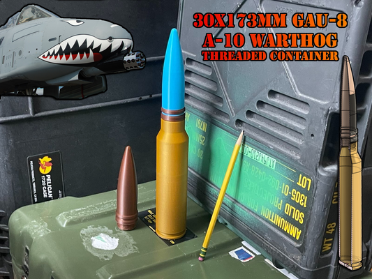 v2 1 scale a-10 gau-8 30x173mm prop cartridge container & improved accurate design by emoticon props cosplays replica weapon gau8 a10 thunderbolt vulcan lightning warthog bullet threaded hollow stash box geocache screw 3d print model - Mito3D