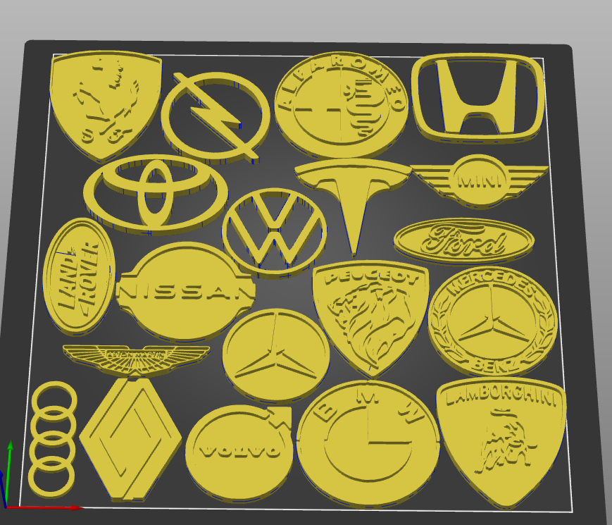 20 macchina loghi by martijn arte segni logo mini volkswagen opel toyota mercedes mercedesbenz volvo tesla audi honda guado bmw alfa romeo peugeot nissan landrover ferrari lamborghini astonmartin renault 3D print model - Mito3D