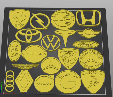 20 car logos by martijn art signs & logo mini volkswagen opel toyota mercedes mercedesbenz volvo tesla audi honda ford bmw alfa romeo peugeot nissan landrover ferrari lamborghini astonmartin renoult 3d print model - Mito3D