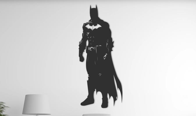 batman mur art by ri0m0 2d héros justicier silhouette gotham sombre chevalier bande dessinée super masque cap protecteur justice chauve souris mystère nuit peur fort gardien légende combattant crime 3d print model - Mito3D