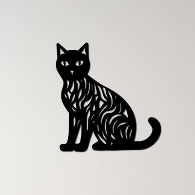 gatto parete arte by ri0m0 2d affascinante nero seduta miao pelliccia compagno coda zampe morbido soffice giocoso domestico animale baffi silhouette felino gattino carina 3d print model - Mito3D