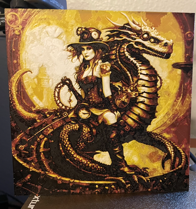 girl on dragon ai hueforge by mwhatch417 generative 3d model & lithophane steampunk art print 3d print model - Mito3D