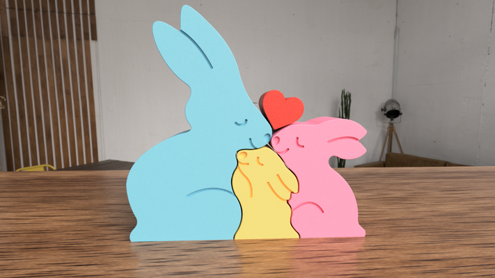 bunny family decoration 3 components by valeria momo & mattia miniatures animals bunnies rabbit rabbits heart puzzle toy gift home easter pasqua 3d print model - Mito3D