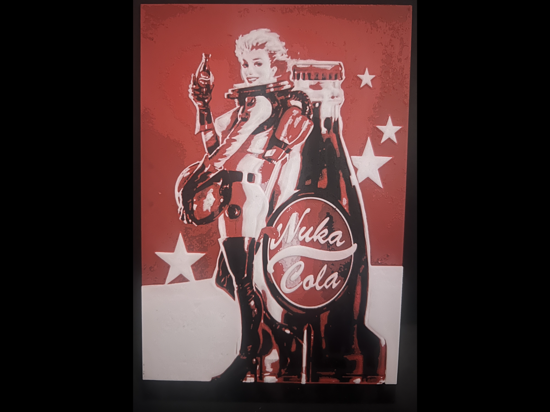 fallout - nuka cola girl by regis art 2d falloutr 3 4 76 wasteland game videogame logo pip-boy pipboy bethesda retro vaulttec vault tec sign nukacola hue hueforge forge boy wall plate rpg shelter 3D print model - Mito3D