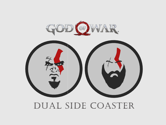 kratos dieu of guerre dual side coaster by hurler art panneaux logos côte logo ps5 ps3 ps4 ps2 iconique ancien jeu bureau accessoires 3d print model - Mito3D