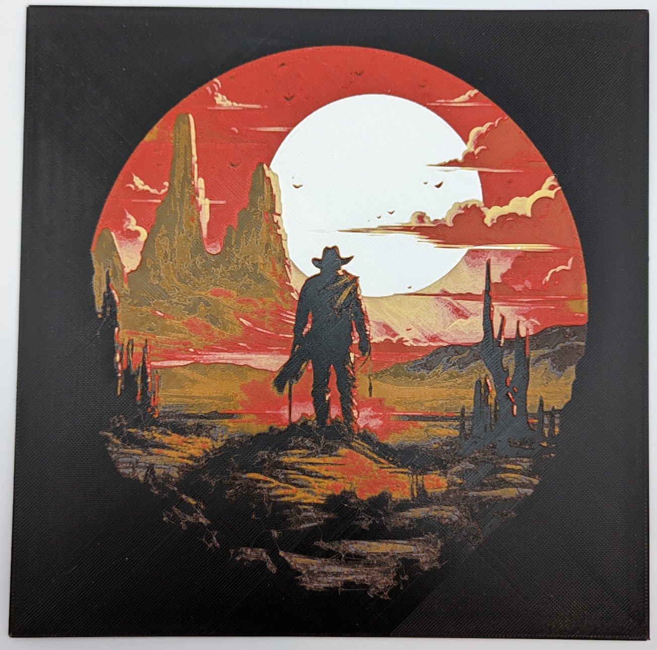 cowboy sonnenuntergang hutschmiede by miak3d kunst zeichen logos dekoration multimaterial mmu mehrfarbig dekor haushalt palette mehrfarben mmu2s mmu2 palette2 mosaikpalette dekorativ mmu3 kunstwerk bambu bambulabx1 bambulab bambulabx1carbon ams zwischendurch swapatlayer filamentmalerei 3D print model - Mito3D