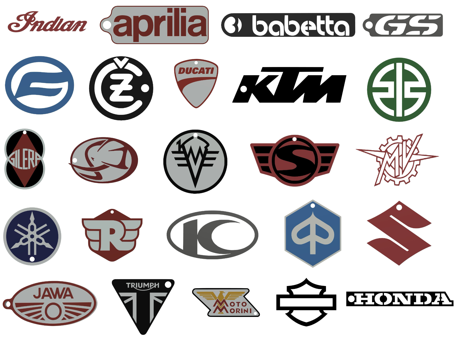 motocicleta marcas logo llaveros by árgico arte señales logos llavero indio aprilia motor scooter bmw gs cagiva cezeta cfmoto dnepr ducati gilera harley honda jawa kawasaki ktm kymco mv agusta moto morini piaggio royal enfield simson suzuki triunfo yamaha 3D print model - Mito3D