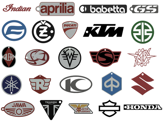 motociclo marche logo portachiavi by argico arte segni loghi portachiavi indiano aprilia motore scooter bmw gs cagiva cezeta cfmoto dnepr ducati gilera harley honda jawa kawasaki ktm kymco mv agusta moto morini piaggio reale enfield simson suzuki trionfo yamaha 3d print model - Mito3D