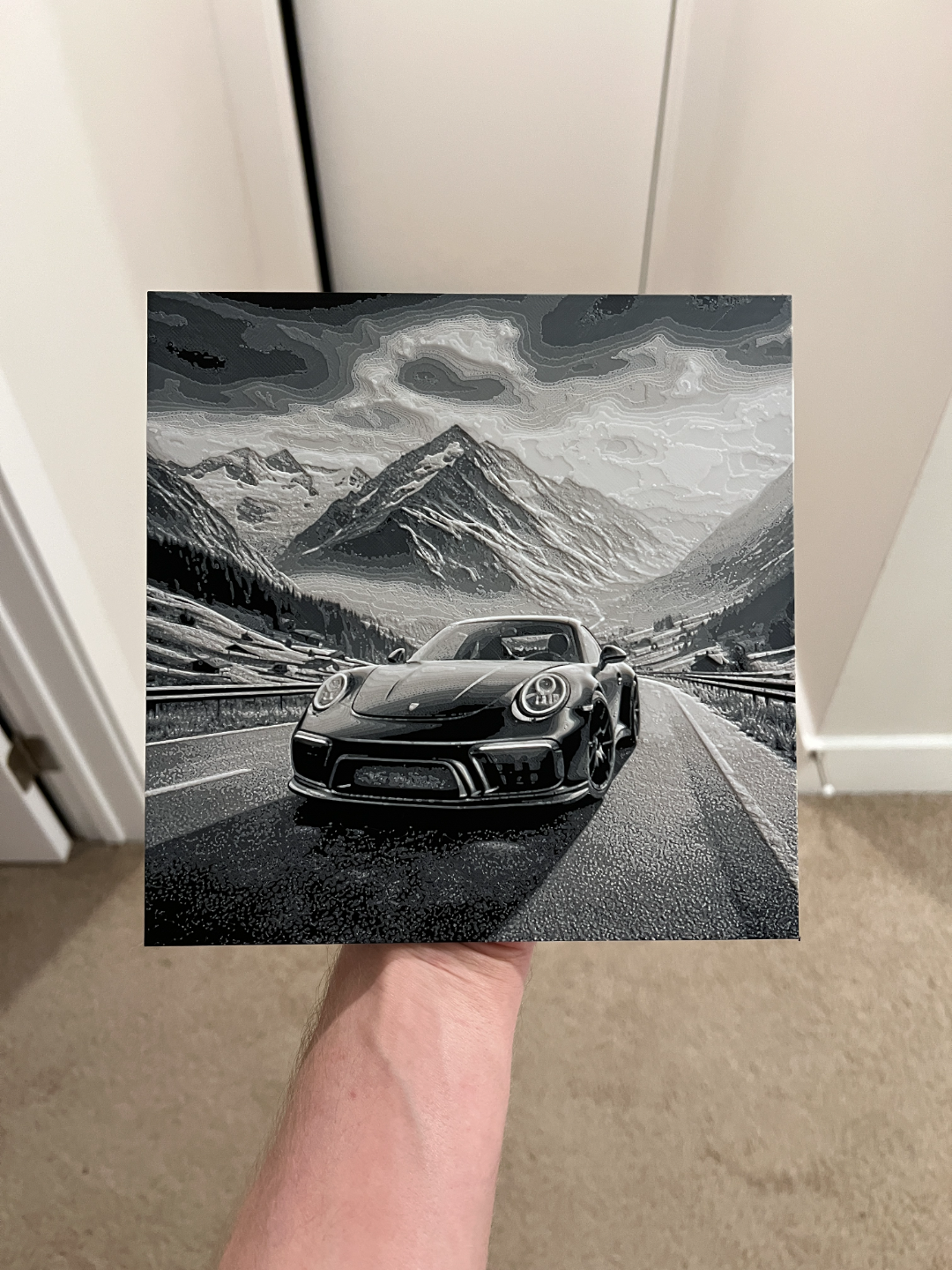 porsche driving mountains hueforge by rp47 designs generative 3d model & lithophane sign car cars racecar race art wall 3D print model - Mito3D