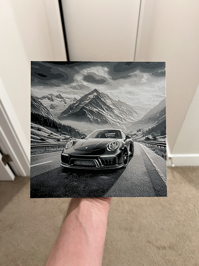 porsche driving mountains hueforge by rp47 designs generative 3d model & lithophane sign car cars racecar race art wall 3d print model - Mito3D