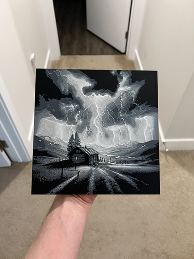 cabin in a storm hueforge by rp47 designs generative 3d model & lithophane weather art wall sign nature mountains scenery 3d print model - Mito3D