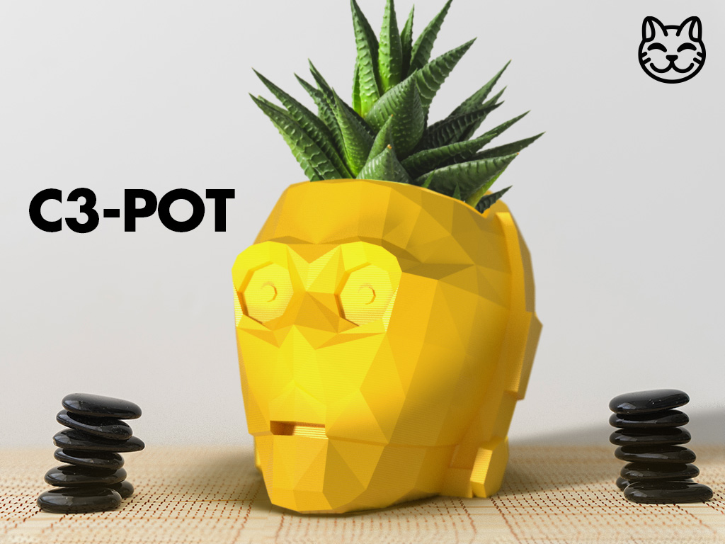 c3 pot estrela guerras low poly vaso by gatto casa decoração c 3po c3po d 3bo d3bo cabeça banda capacete sci fi scifi fantasia pobre polivase baixa projeto suculentos cactos plantas verde panela jedi sombrio força robô nerd cultura 3D print model - Mito3D