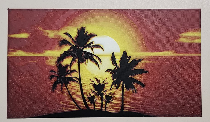 pôr sol palma arvores versão 1 forja chapéus by brianstan arte 2d palmeiras árvore oceano nascer filamento pintura relaxante 3d print model - Mito3D