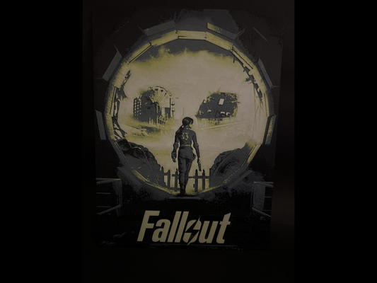 fallout series poster by regis art 2d 2 fallout3 4 6 game videogame logo pip-boy pipboy bethesda retro vaulttec vault tec sign chosen one 33 hue hueforge forge boy wall plate rpg shelter wasteland war dweller 3d print model - Mito3D