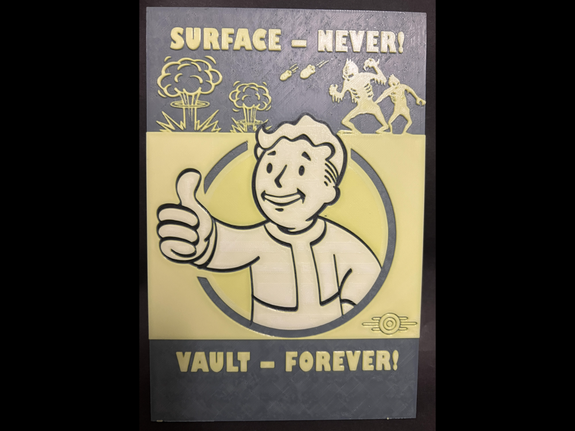 tomber voûte affiche by regis art 2d 4 76 2 3 jeu jeu vidéo logo pip boy pipboy bethesda rétro vaulttec tec signe nuka cola mutants explosion teinte forge chapeaux forger garçon mur assiette rpg abri terre friche amazone séries 3D print model - Mito3D