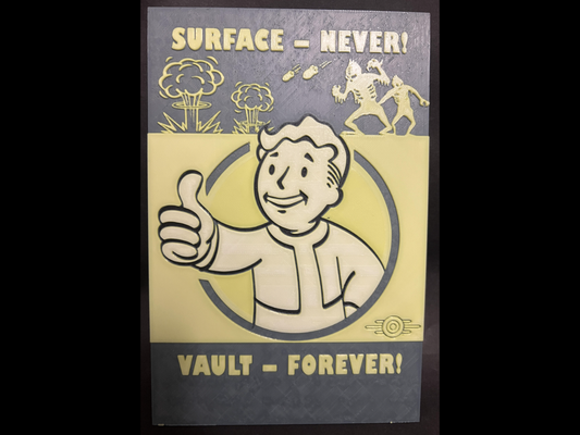 fallout - vault forever poster by regis art 2d 4 76 2 3 game videogame logo pip-boy pipboy bethesda retro vaulttec tec sign nuka cola mutants explosion hue hueforge forge boy wall plate rpg shelter wasteland amazon prime series 3d print model - Mito3D