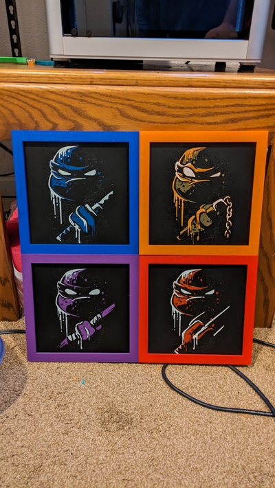 190mm hueforge interlock frames no glue required by mikelb0013 generative 3d model & lithophane wall art tmnt leonardo michelangelo donatello raphael teenage mutant ninja turtles comic book frame interlocking multicolor ams 3d print model - Mito3D