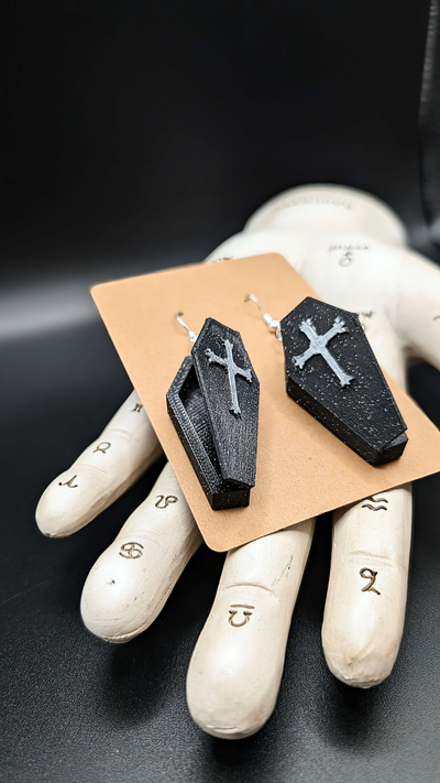 open coffin earrings pendant by cryptik design fashion jewelry goth macabre halloween crucifix quick print dangling 3d print model - Mito3D