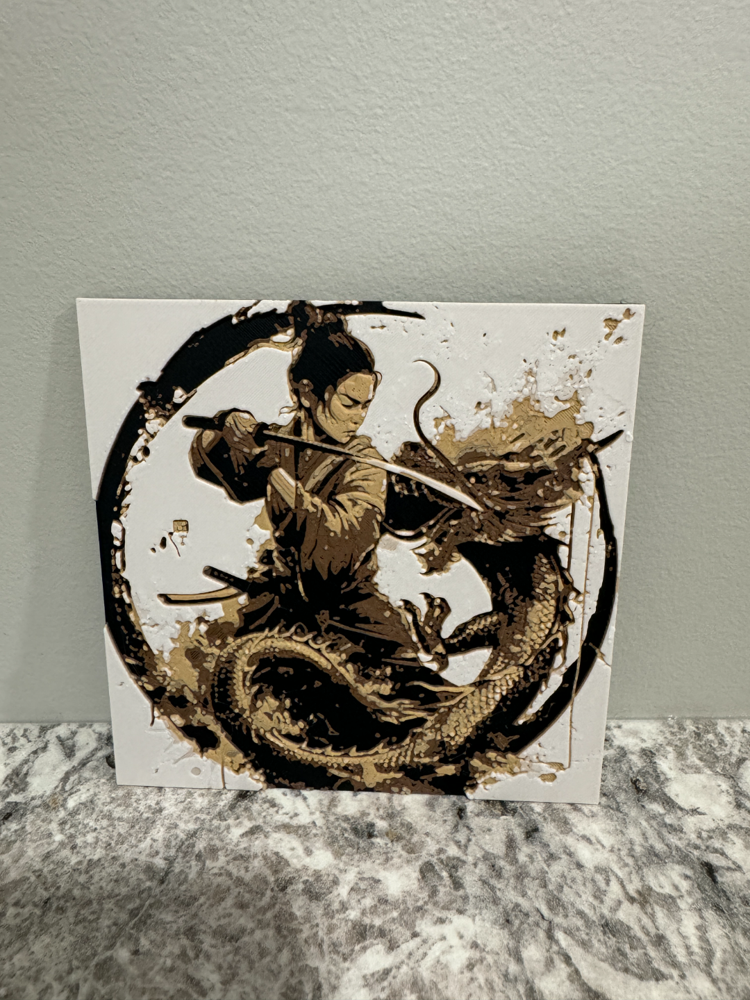 samurai vs dragon - hueforge 100x100 by canadian gamer generative 3d model & lithophane samaurai battle coaster fantasy 3D print model - Mito3D