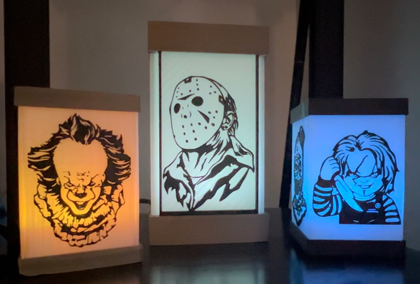 horror movie characters lantern by 3dimension customs household decor freddy krueger jason voorhees chucky michael myers movies light box holder tea halloween 2023 candle bx led frame fall scary nightmare on elm street dark villain character it clown pennywise hockey dreams scared scarymovieframe spooky season famous lightup dispalycase art ghostface scaryghost scream film 3d print model - Mito3D