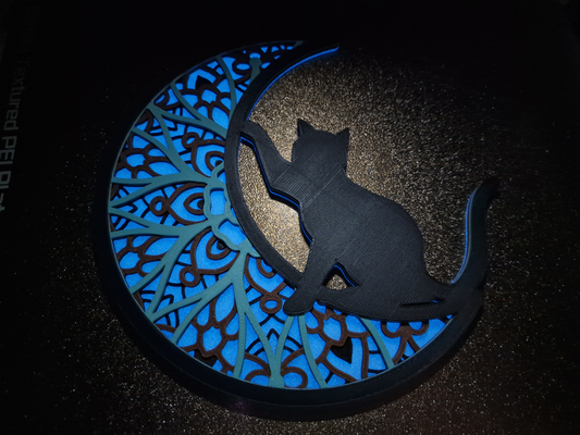 crescent cat mandala 2 by 3domsculpts art 2d kitten kitty moon cute window 3d print model - Mito3D