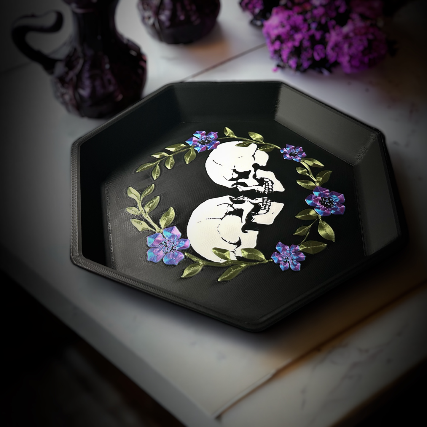 flores tabela bandeja by boodl3d casa decoração caveiras organizador cabeceira gótico morte amar eternidade infinidade eterno tigela decorativo 2d arte multicolorido ams 4 cor floral esqueleto esquelético primavera emo 3D print model - Mito3D