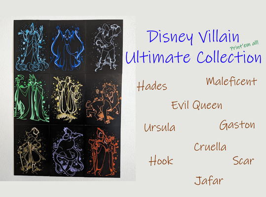 disney villains - a collection of villain images to print hang on wall by suaimondi generative 3d model hueforge & lithophane villainous maleficent cruella jafar ursula mermaid scar lion king gaston evil queen hook peter pan ades ade hercules cartoon neon 3d print model - Mito3D