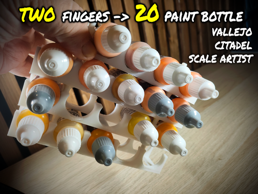 20 bottles 2 fingers paint rack vallejo citadel scale artist compatible sizes by goyetus hobby & diy stand stable brush paintbrush bottle stakable 3d print model - Mito3D